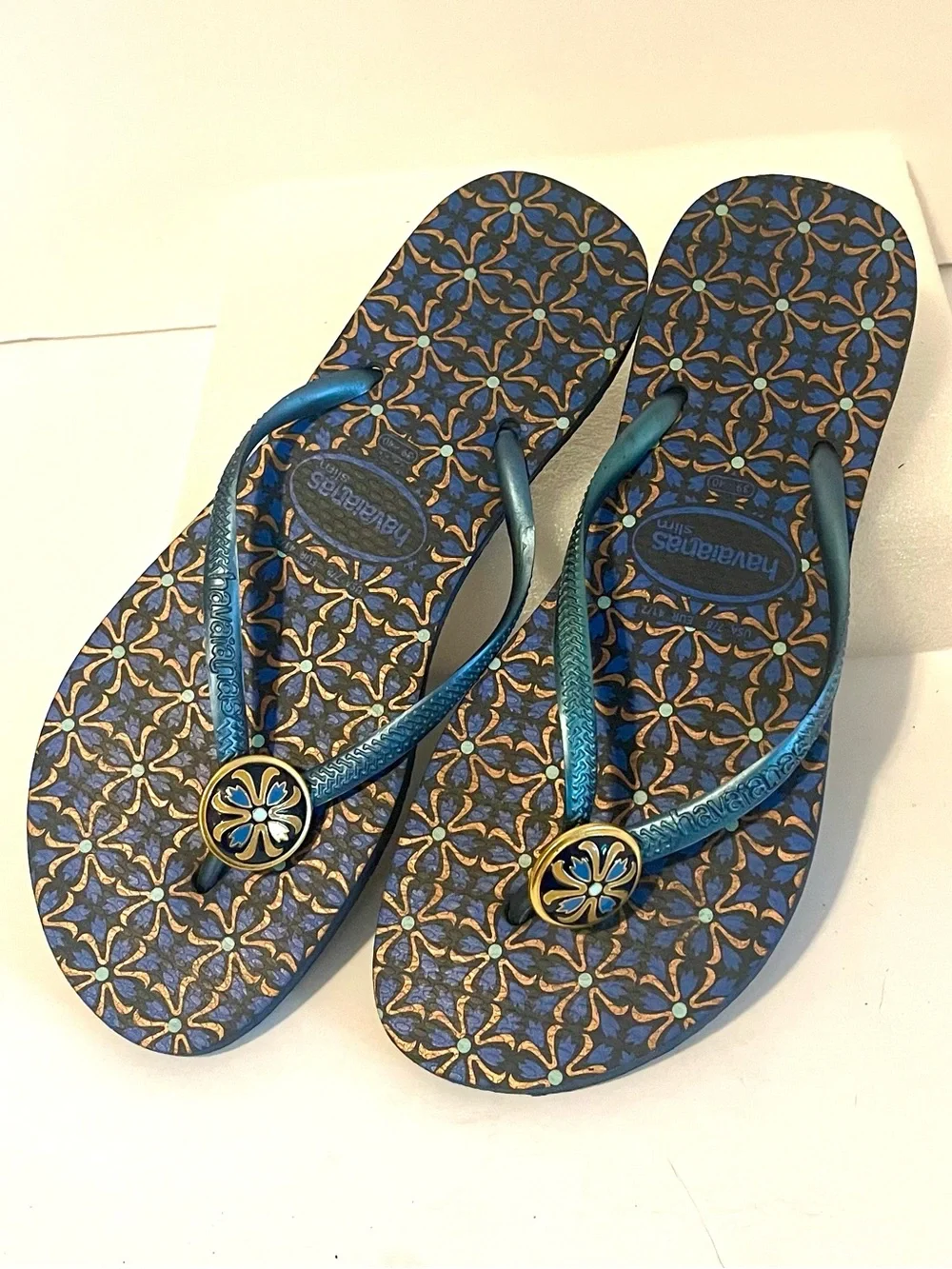 Havaianas Teal Blue and Gold Patterned Flip Flops